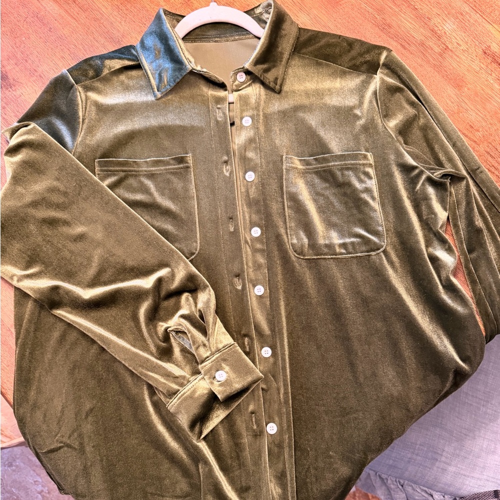Velvet Army Green Long Sleeve Top - Picture 2 of 7